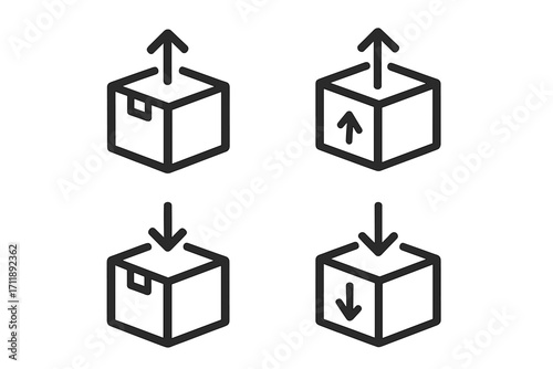 Box with arrow up and down icon set. Thin line vector symbols for upload, download, import, export, and delivery. Minimalist pictograms for web UI, app design, logistics.