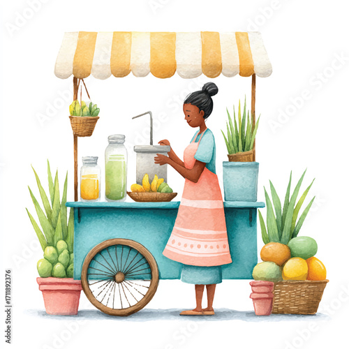 Woman at Juice Cart Preparing Refreshing Drinks.