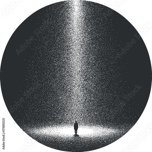 A solitary figure stands under a beam of light in a dark abstract landscape.