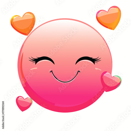 Adorable blushing pink emoji with closed eyes smiling, surrounded by glossy floating hearts, a cute symbol of love and happiness