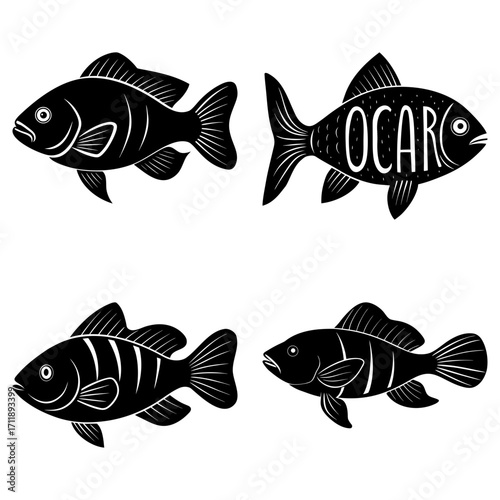 Illustration of four black fish silhouettes with varying fin designs and body patterns on a white background