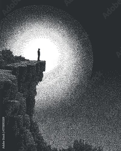 A solitary figure standing on a cliff under a bright moon, evoking feelings of solitude and adventure.