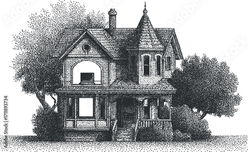 A detailed vintage illustration of a Victorian-style house surrounded by trees and landscape.