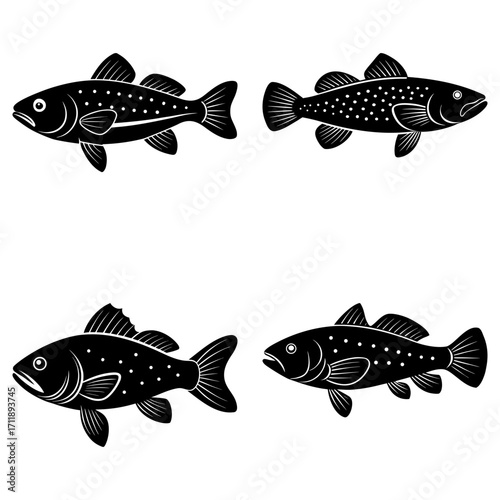 Illustration of four black anglerfish with bioluminescent lures in various positions on a white background