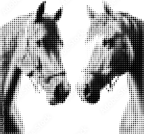 Halftone illustration of two horses looking in the same direction, symbol of the year 2026, black and white dotted style, retro pop art effect, isolated on white background, vector