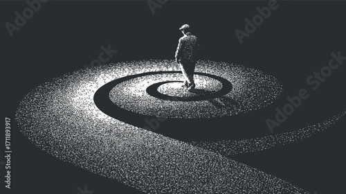 A solitary figure walking along a spiral path symbolizing journey and contemplation.