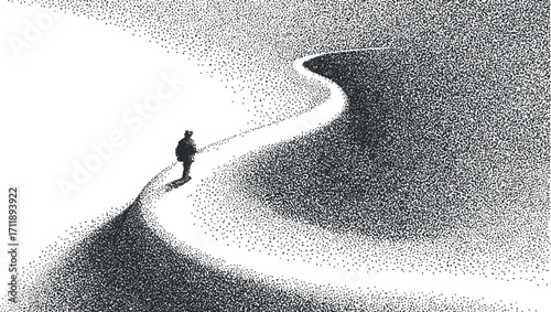 A solitary figure walking along a winding path in a minimalist black and white landscape.