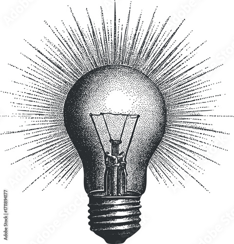 A vintage illustration of a light bulb radiating bright rays symbolizing ideas and innovation.
