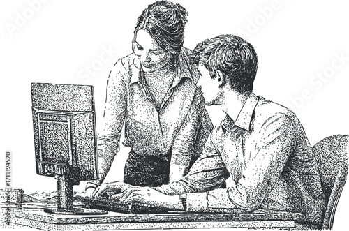 Two professionals discussing a project while working on a computer in an office setting.