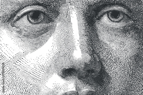 Detailed black and white illustration of a human face showcasing artistic line work and expression.