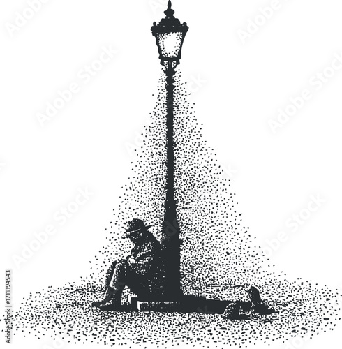 A solitary figure sitting under a streetlamp, creating a tranquil atmosphere in a night scene.