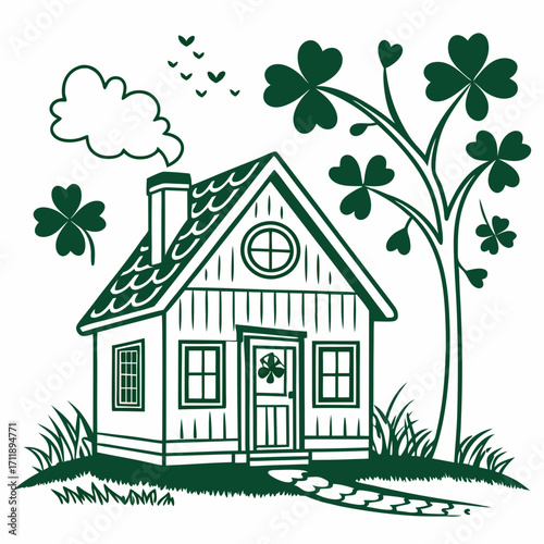 Charming cottage surrounded by lucky clover and birds in a whimsical scene