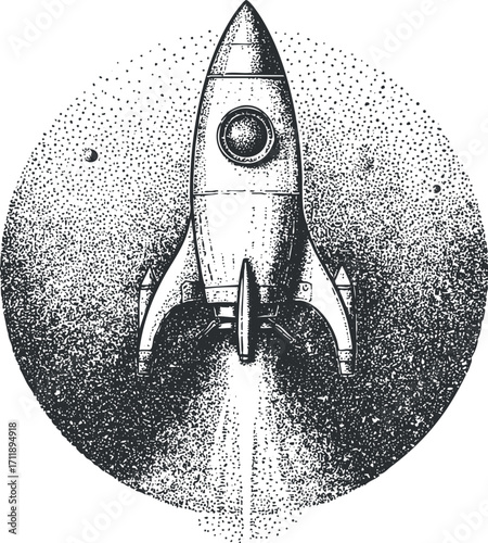 A vintage-style illustration of a rocket launching into space with a starry background.