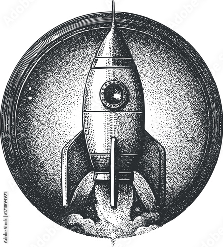 A vintage-style rocket illustration representing space exploration and adventure in a cosmic setting.
