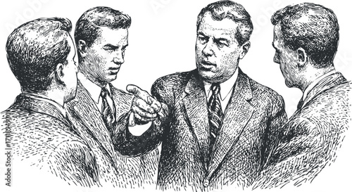 A vintage illustration of men engaged in a serious business discussion showcasing teamwork and leadership.