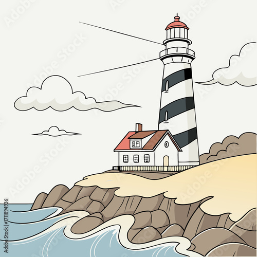 Coastal lighthouse and dwelling with ocean waves and clouds
