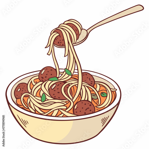 Delicious spaghetti and meatballs served in a bowl with a spoonful