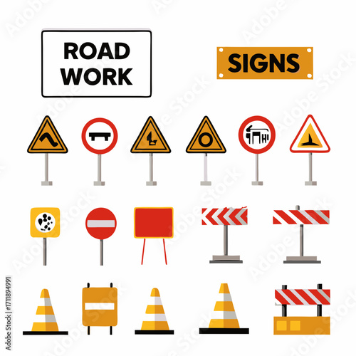 Collection of road work and traffic signs and safety equipment
