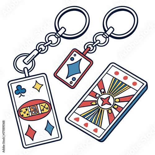 Playing card themed keychains with unique designs and symbols