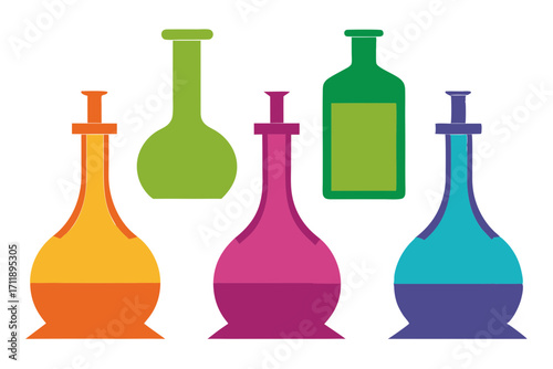 Colorful laboratory flasks and bottles arranged against a black background
