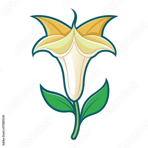 Stylized white and yellow trumpet flower with green leaves