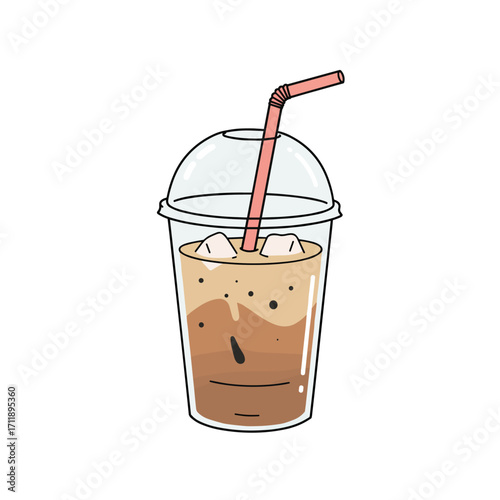 Iced latte with straw in clear cup isolated on white background  