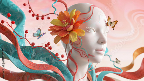 3D illustration of flower and ribbon headdress