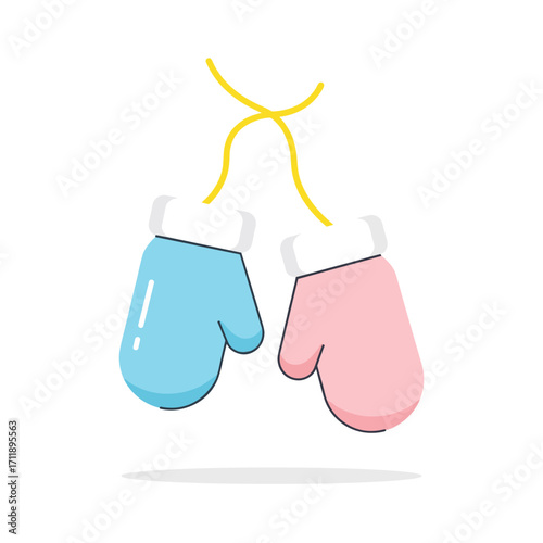 Mittens on string, blue and pink mittens hanging with yellow cord  