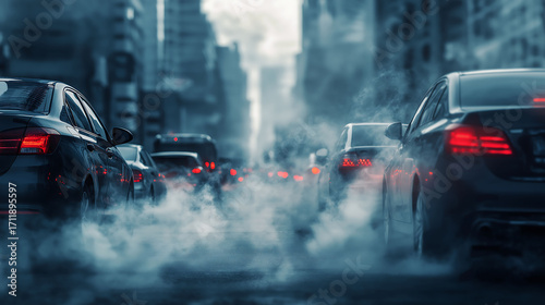 City street filled with cars in a traffic jam, emitting smoke. A visual representation of air pollution