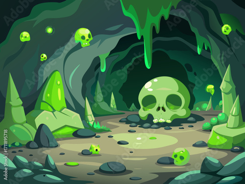 Scary monster cave scene with skull and bones vector illustration