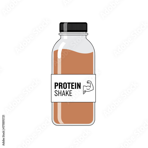 Protein shake in bottle with label on white background  