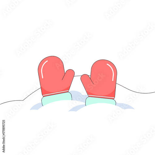 Red mittens in snow on white background, winter season imagery  