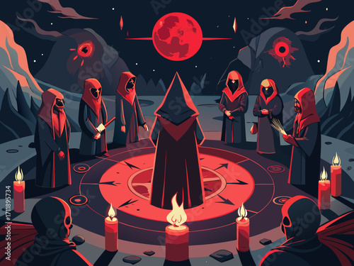 Mysterious hooded figures gathered for occult ritual under red moon vector illustration