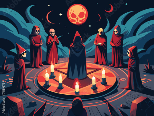 Mysterious hooded figures gather around a ritualistic circle under a blood moon sky