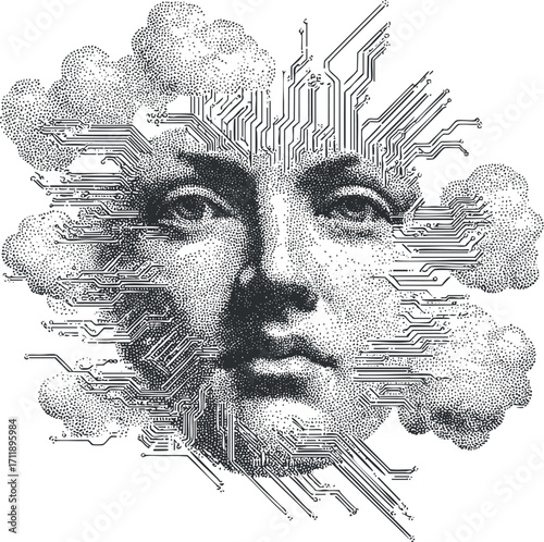 An abstract representation of a face integrated with circuit patterns and clouds symbolizing technology.