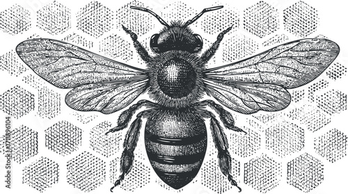 Detailed vintage illustration of a bee with honeycomb in the background showcasing pollination.