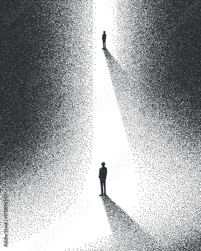 Two silhouetted figures stand in contrasting light and shadows, symbolizing a journey or connection.