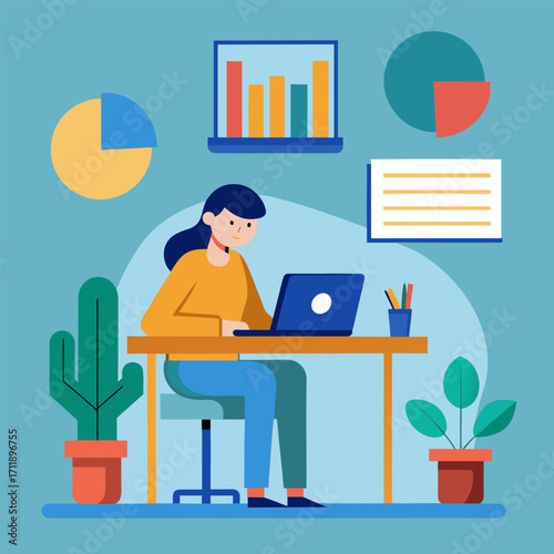 Woman analyzing data dashboard at home. Cartoon vector image.