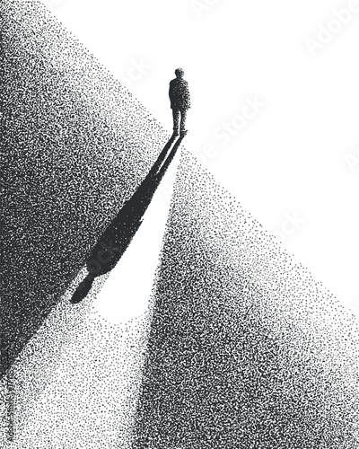 A solitary silhouette of a man walking on a minimalist abstract path with a pronounced shadow.