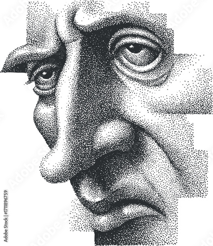 A detailed black and white illustration of a contemplative and serious face with expressive features.