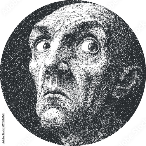 A detailed black and white illustration of a man's expressive face in a circular frame.