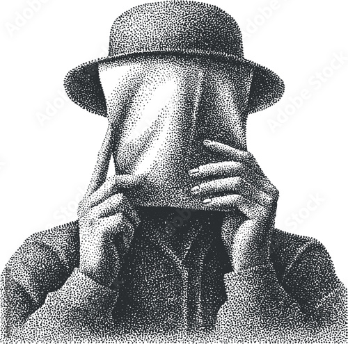 An abstract illustration of a faceless figure holding a cloth in front of their face.
