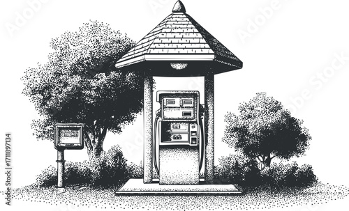 Vintage gas station illustration featuring a classic fuel pump surrounded by trees and nature.