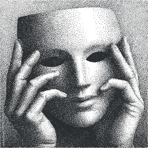 A monochrome illustration of hands holding a mask, symbolizing emotion and identity in art.