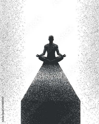 A silhouette of a meditating figure floating above a geometric shape symbolizing tranquility and mindfulness.