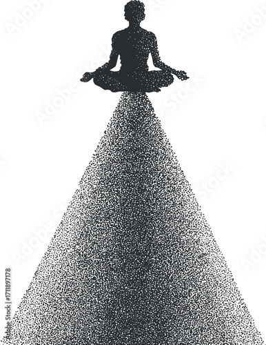 A silhouette of a person meditating in a peaceful pose surrounded by an abstract design.