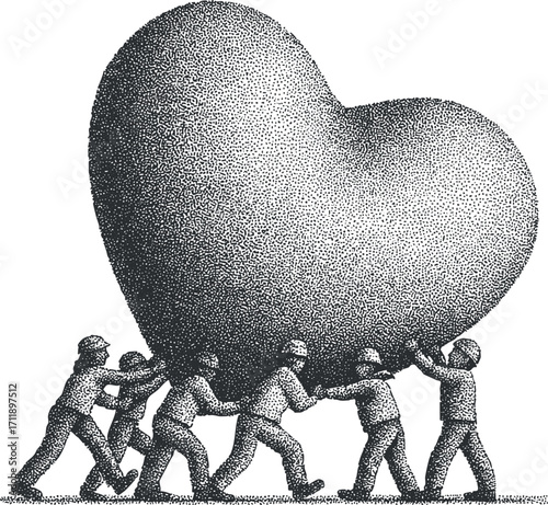 Illustration of a team of people collaboratively lifting a large heart symbolizing unity and support.