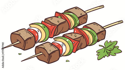 Delicious Grilled Meat Skewers with Vegetables.