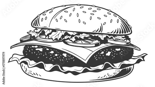 Delicious Hamburger Illustration Black and White Fast Food Graphic Burger Menu Design Vintage Style Food Drawing.