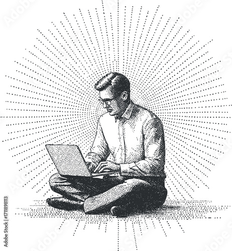 A vintage illustration of a man sitting cross-legged using a laptop, symbolizing remote work.